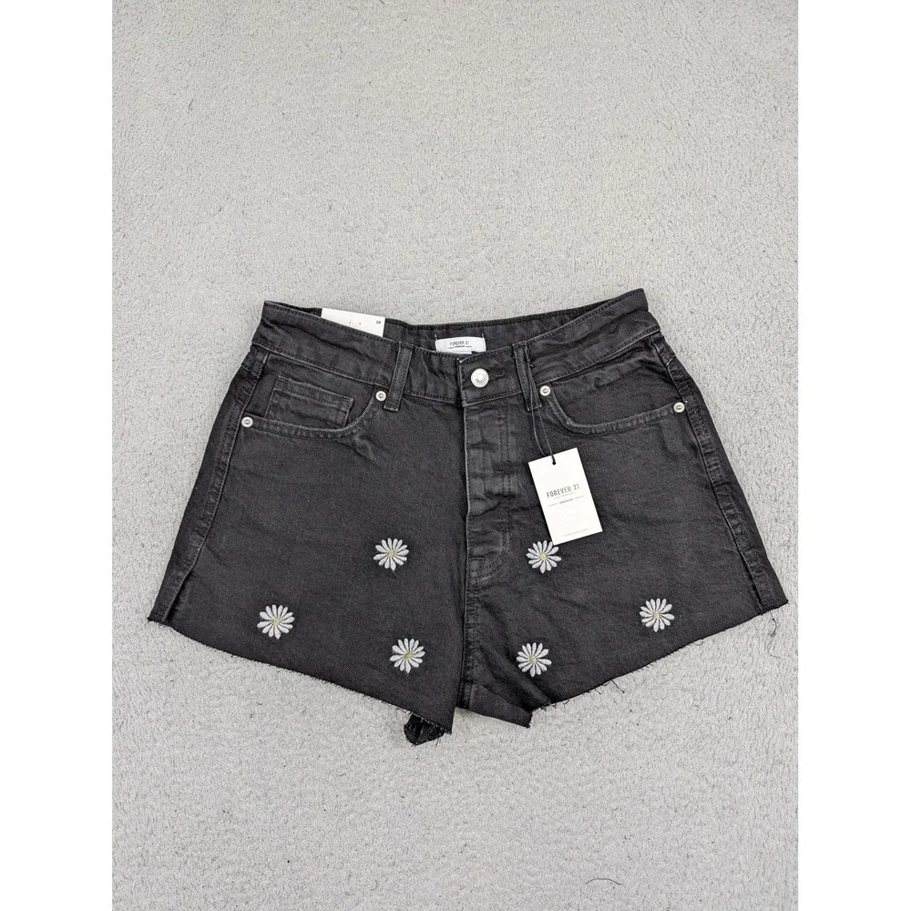 Forever 21 Shorts Womens 28 Black Denim Daisy Embroidered Button Fly Cutoff‎
